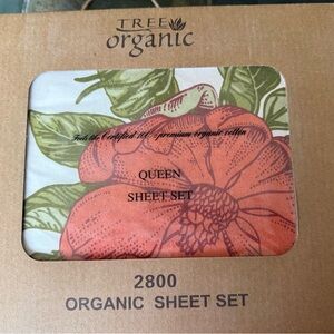 Tree Organic cotton Floral Queen Sheet Set - Coral and Green